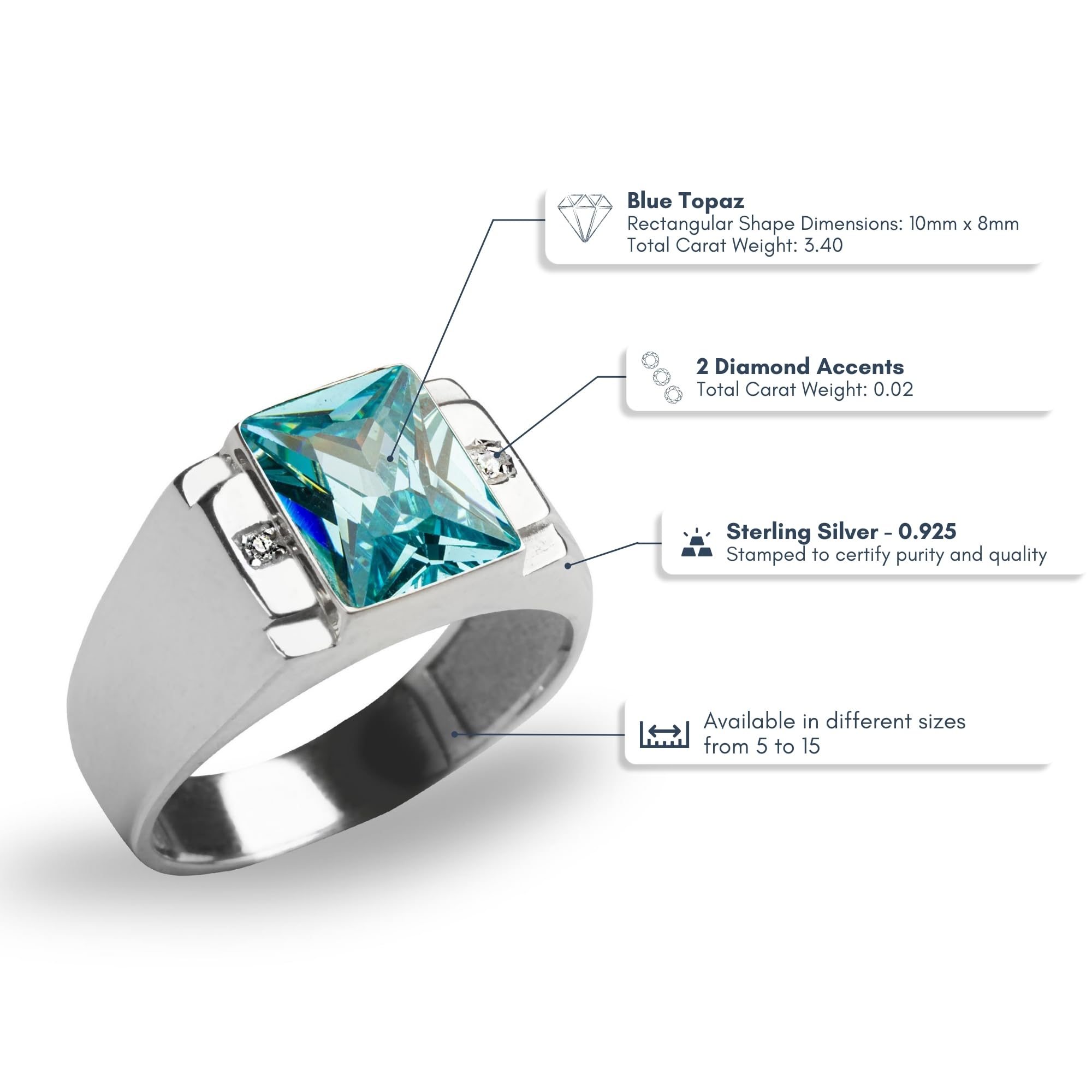 Blake's Sterling Silver Men's Ring with 2 Diamond Accents & Baguette Sapphire/Emerald/Ruby/Citrine/Amethyst/Topaz Options - Size 5-15 - Fine Jewelry Gift for Him - Perfect for Weddings, Anniversaries & Special Occasions