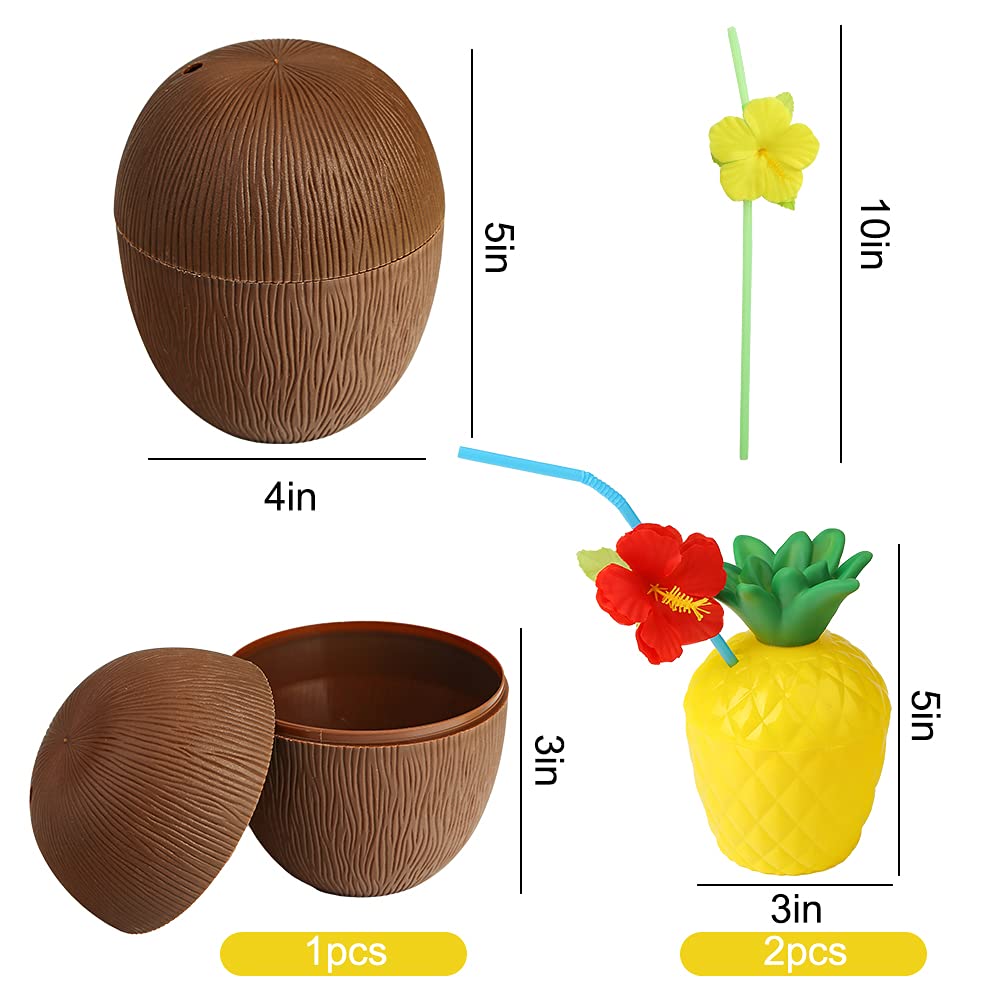 3PCS Tropical Pineapple Coconut Plastic Drink Cups with Straws - Hawaiian Luau Party Supplies for Summer Beach, Pool, and Kids Birthday Parties