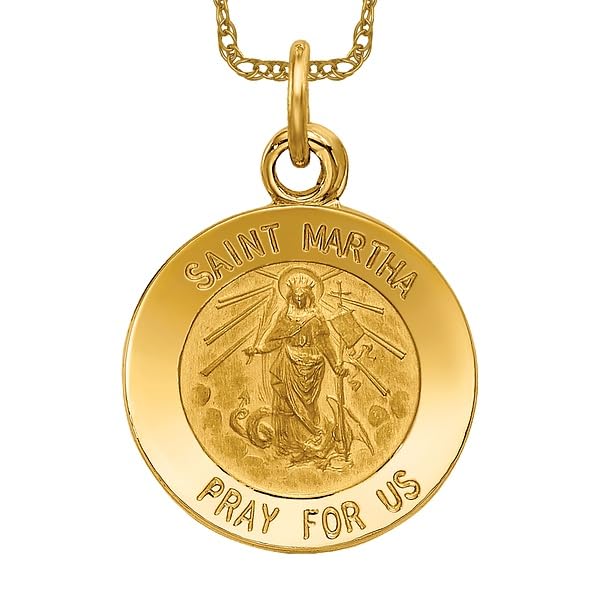 14K Solid Yellow Gold Saint Martha Medal Necklace - Religious Pendant Charm for Women, Gift for Baptism, First Communion & Spiritual Protection | IceCarats Jewelry