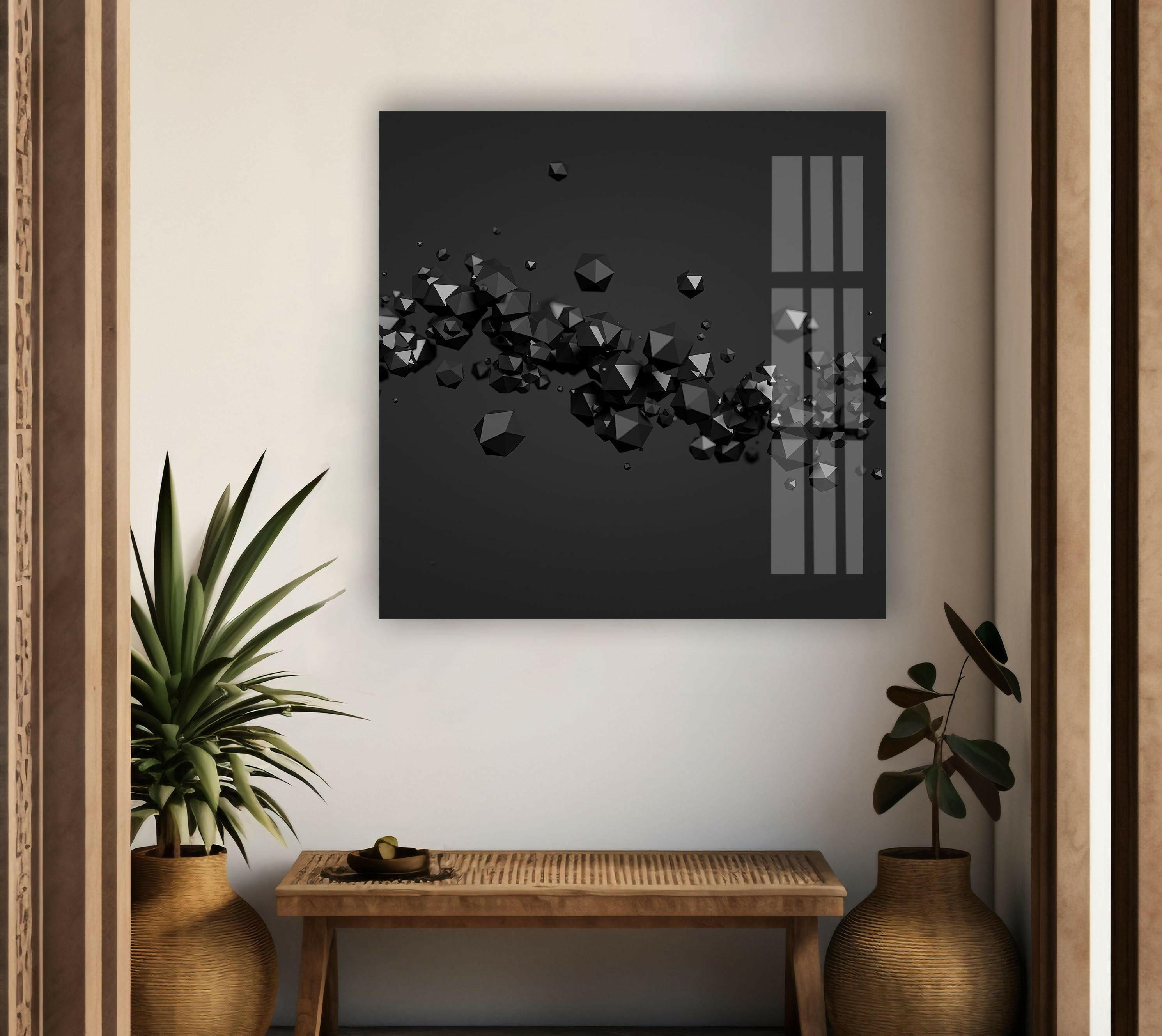 3D Abstract Diamond Glass Wall Art - Black Modern Home Decor for Living Room, Bedroom & Office