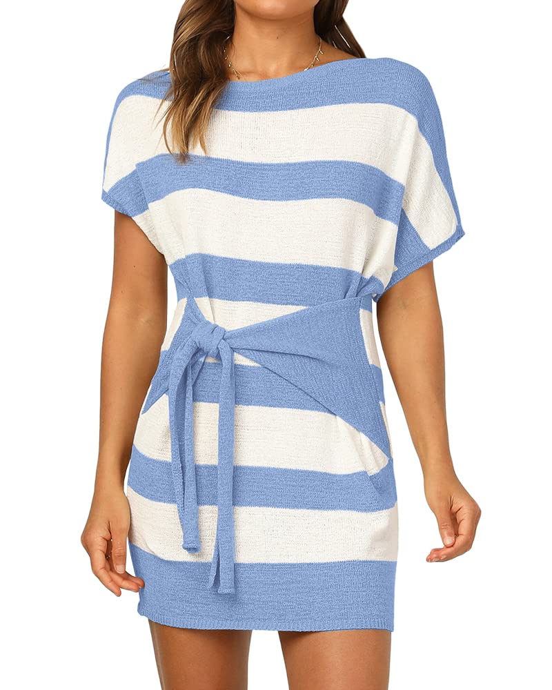 Imily Bela Women's Summer Casual Dress - Striped Color Block T-Shirt Dress with Tie Waist & Batwing Sleeves | Perfect for Beach, Vacation and Everyday Wear
