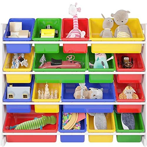 Aveland Large Wooden Kids Toy Storage Organizer with 16 Plastic Bins - Multicolor (Green, Blue, Red, Yellow) for Home, Playroom & Nursery Organization | Perfect for Storing Toys, Books & Crafts