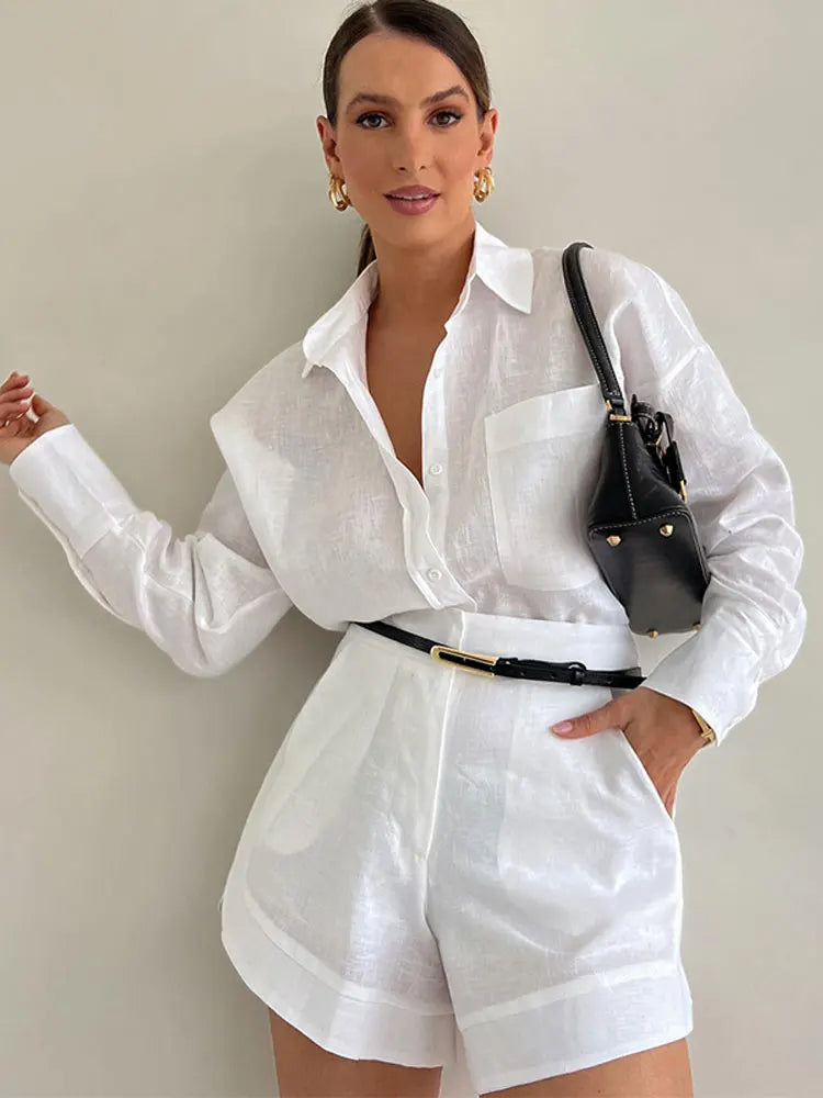 Women's Fashion Summer Cotton Linen 2-Piece Set - Loose Ruffle Shorts & Long Sleeve Drawstring Pullover Top | Casual Beach Outfit for Vacation, Travel & Outdoor Activities