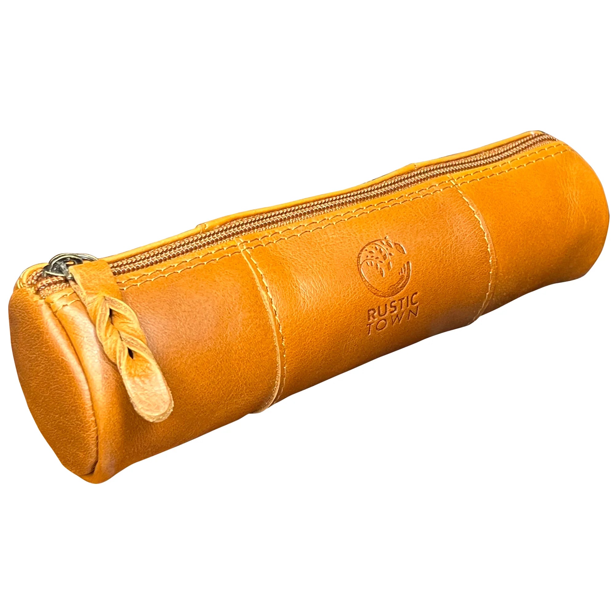 Premium Winnie Leather Zipper Pen Pencil Case - Cognac Brown for School, Office & Travel Organization