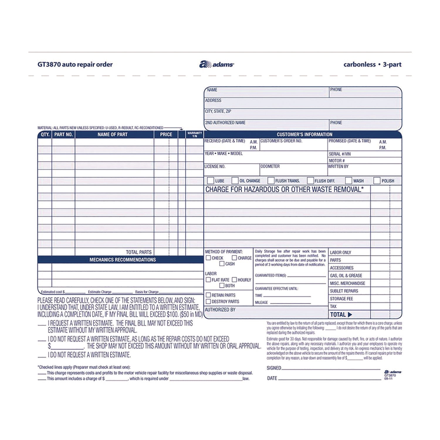 Adams® Multipart Auto Repair Work Order Forms - 3-Part Carbonless, 8.5