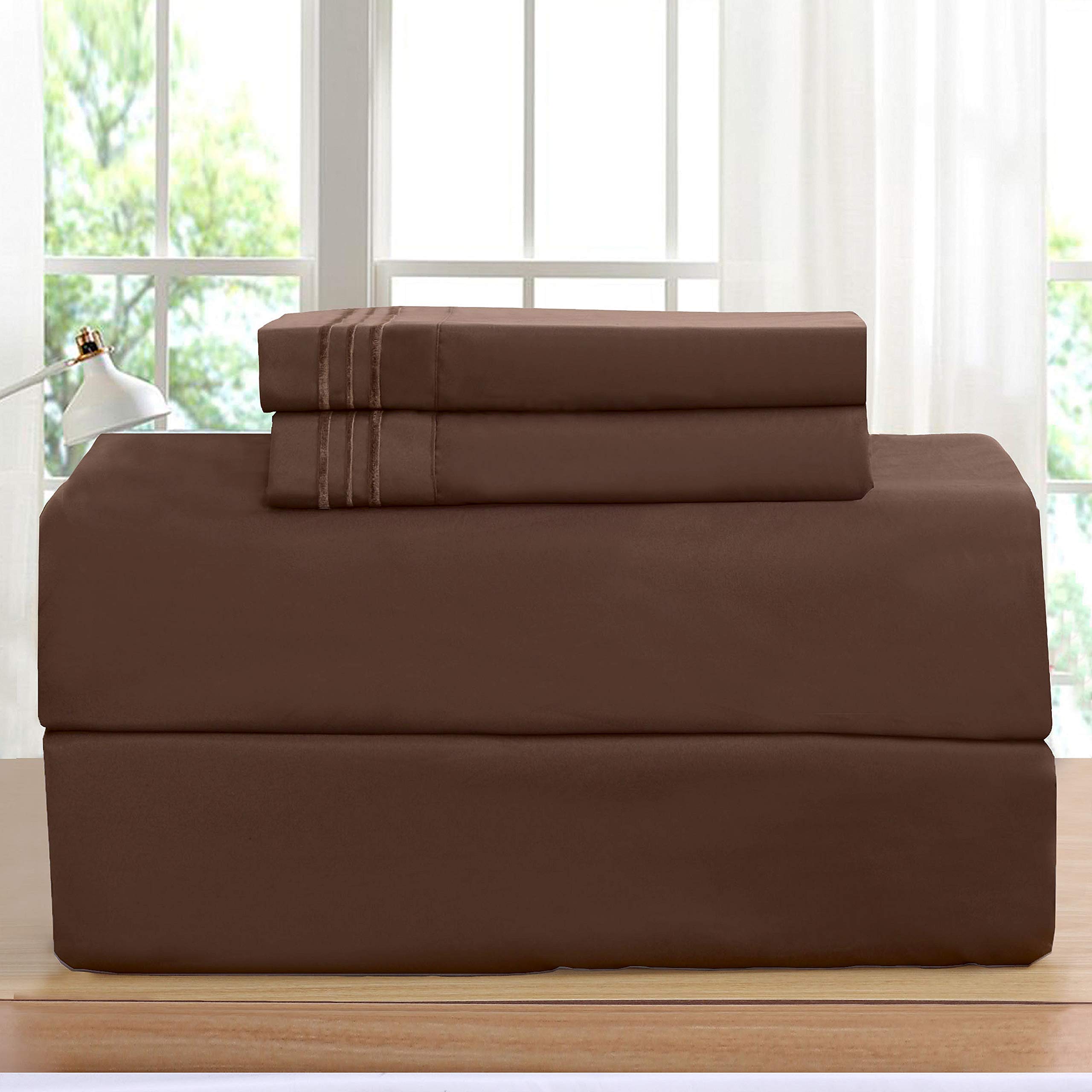 Luxury 1500 Thread Count 4-Piece Bed Sheet Set - Wrinkle, Fade & Stain Resistant - Deep Pocket Fits Twin/Twin XL - Premium Chocolate Brown - Perfect for Master Bedroom, Guest Room & Dormitory