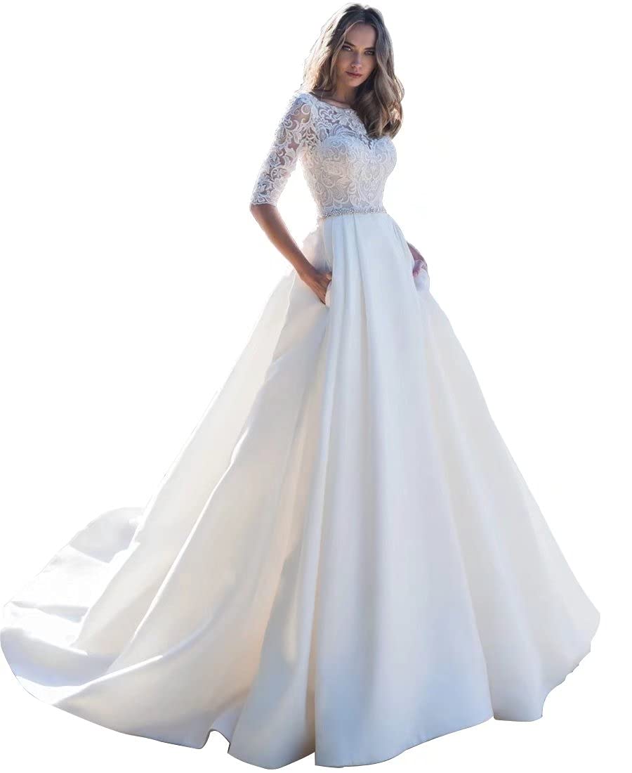 Elegant Yuxin Lace Wedding Dress for Bride 2023 - Ball Gown Satin Bridal Gown with 3/4 Long Sleeves & Sweep Train (YX037) | Perfect for Church Ceremonies, Beach Weddings & Formal Receptions