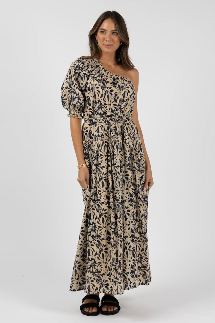 Eden Navy Print One Shoulder Midi Dress for Women - Elegant Floral Summer Party Cocktail Dress for Weddings, Date Nights & Special Occasions