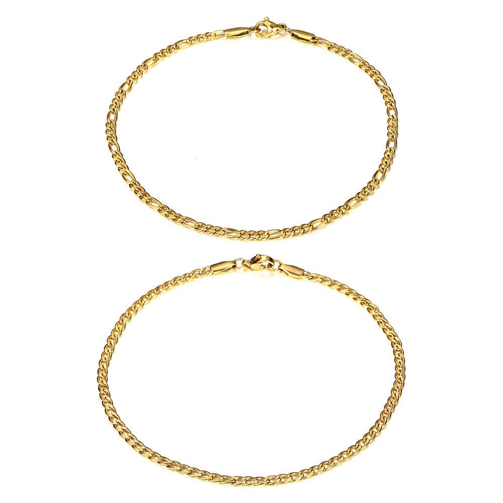 2-Pack Hermah Women's Anklet Set - 3mm Stainless Steel Rope & Figaro Chain Ankle Bracelets (10 Inch) - Perfect for Beach, Summer & Boho Fashion
