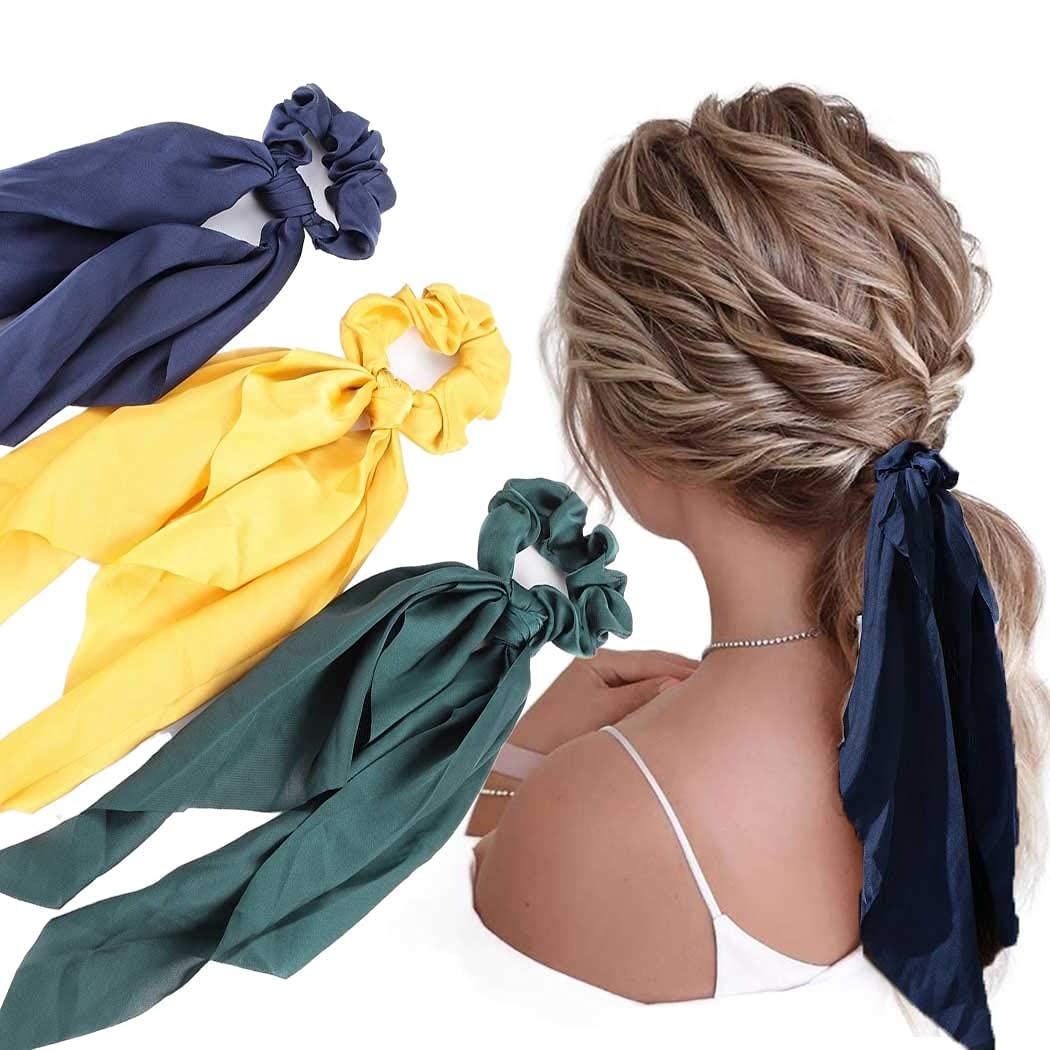 APSAMBR - Soft Chiffon Long Hair Scrunchies Elastic Hair Ties for Women & Girls (3-Pack) - Perfect for School, Work, Parties & Everyday Styling