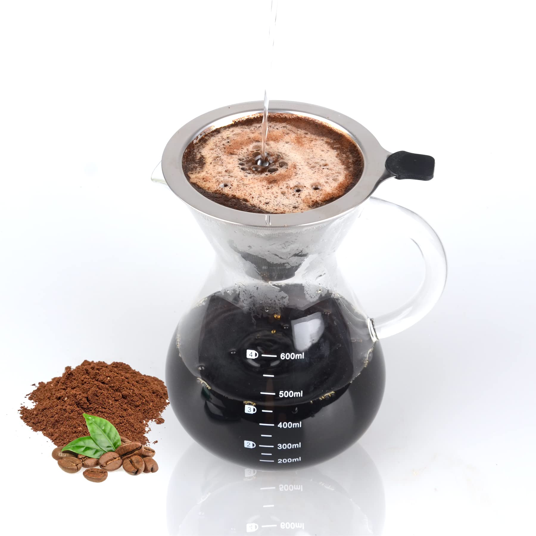Premium T-mark Pour Over Coffee Maker with Reusable Stainless Steel Filter - 600ml BPA-Free Glass Carafe - Ideal for Home, Office & Camping Brewing