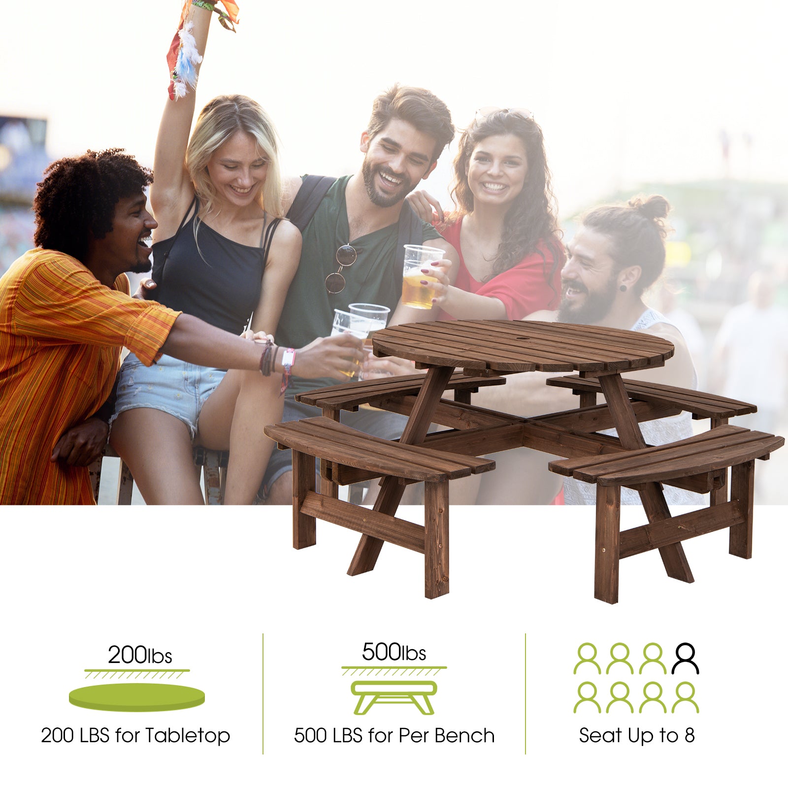 Costway 8-Seat Wooden Picnic Table with Benches Set | Outdoor Dining & Garden Furniture for Backyard, Patio, and Park Gatherings