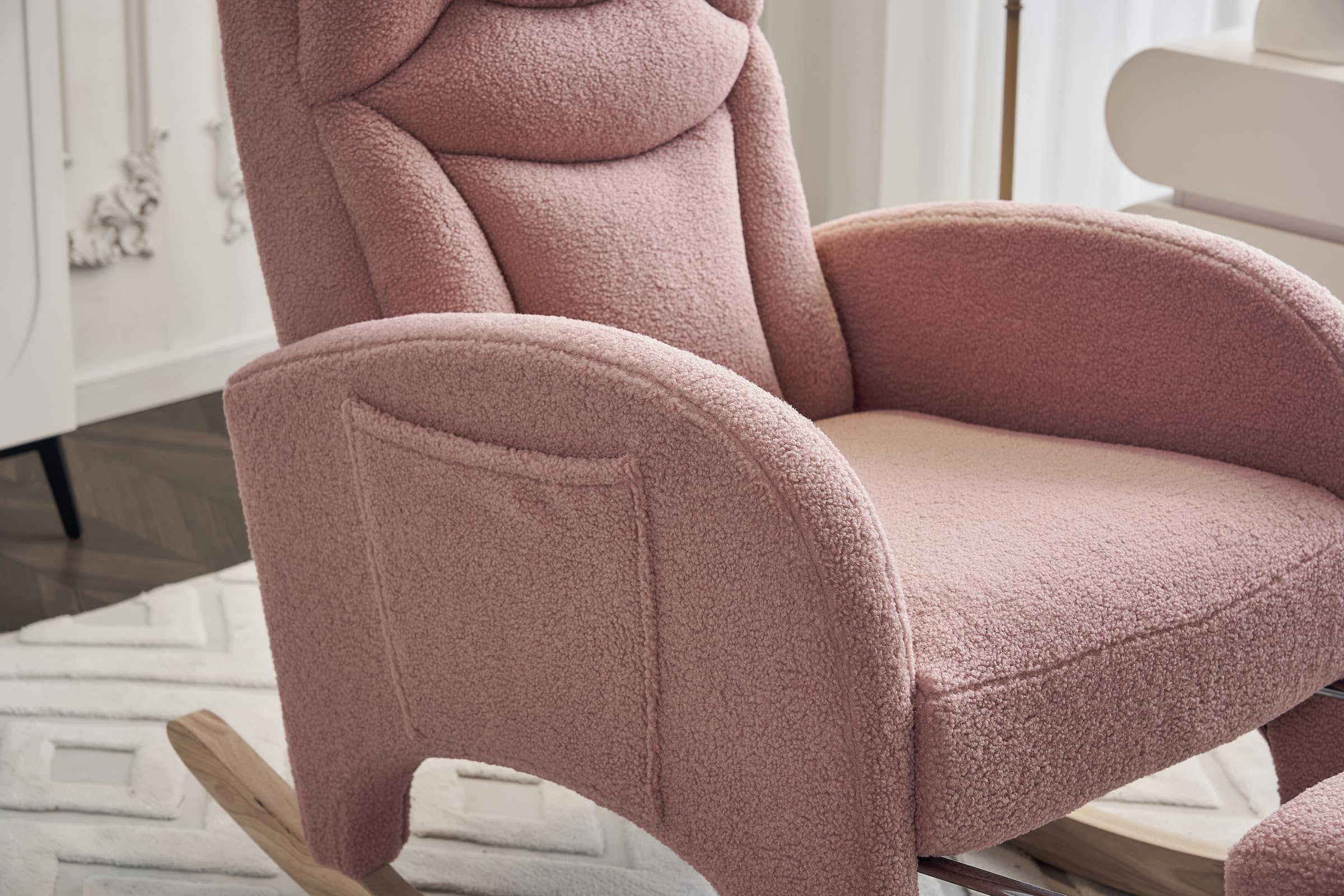 Comfortable Nursery Glider Rocking Chair with Retractable Footrest - High Back Wide Seat Nursing Chair with Side Pocket & Rubber Wood Legs - Perfect for Baby Nurseries, Living Rooms & Breastfeeding (Pink)