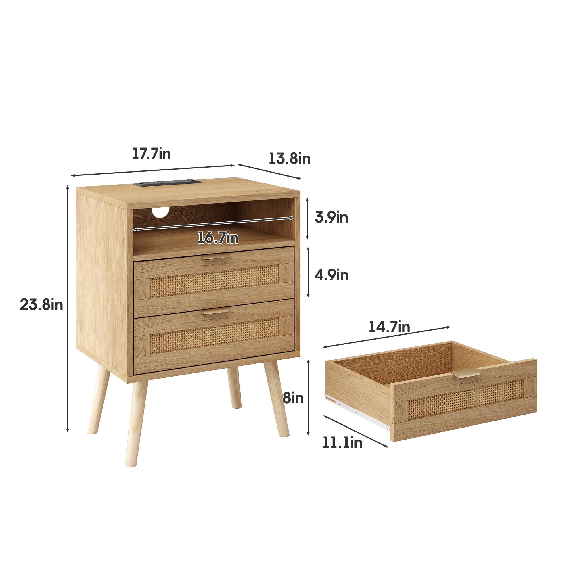 2-Piece Rattan Nightstand Set with USB Charging Station & LED Lights - 2-Drawer Bedside Tables with Wooden Legs for Bedroom, Living Room | Perfect for Phone Charging & Bedside Storage