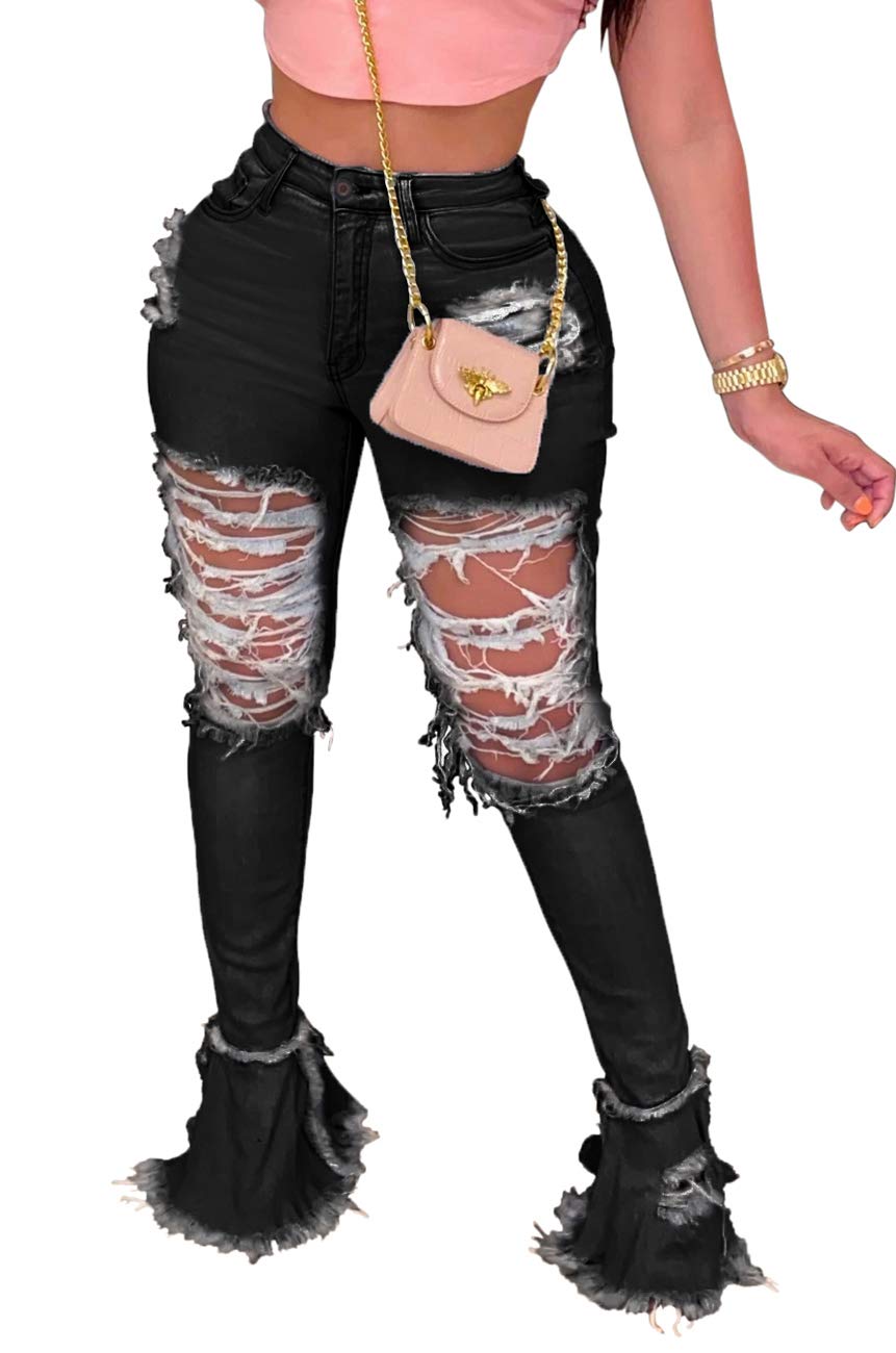 Women's Ripped Flare Jeans - Elastic Waist Raw Hem Denim Pants for Casual Outfits
