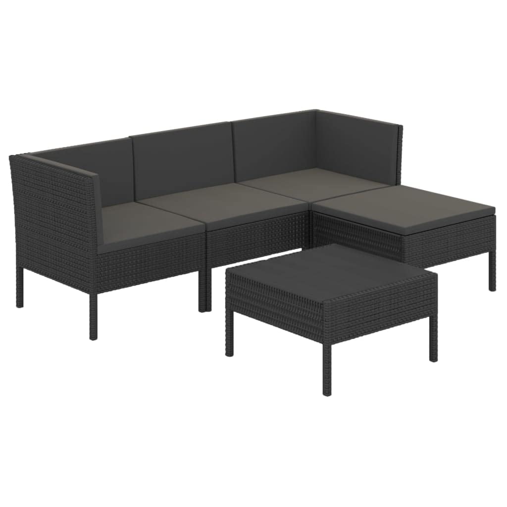 vidaXL 5-Piece Black Poly Rattan Patio Lounge Set with Cushions - Weather-Resistant Outdoor Furniture with Removable Washable Covers - Perfect for Garden, Poolside & Backyard Relaxation