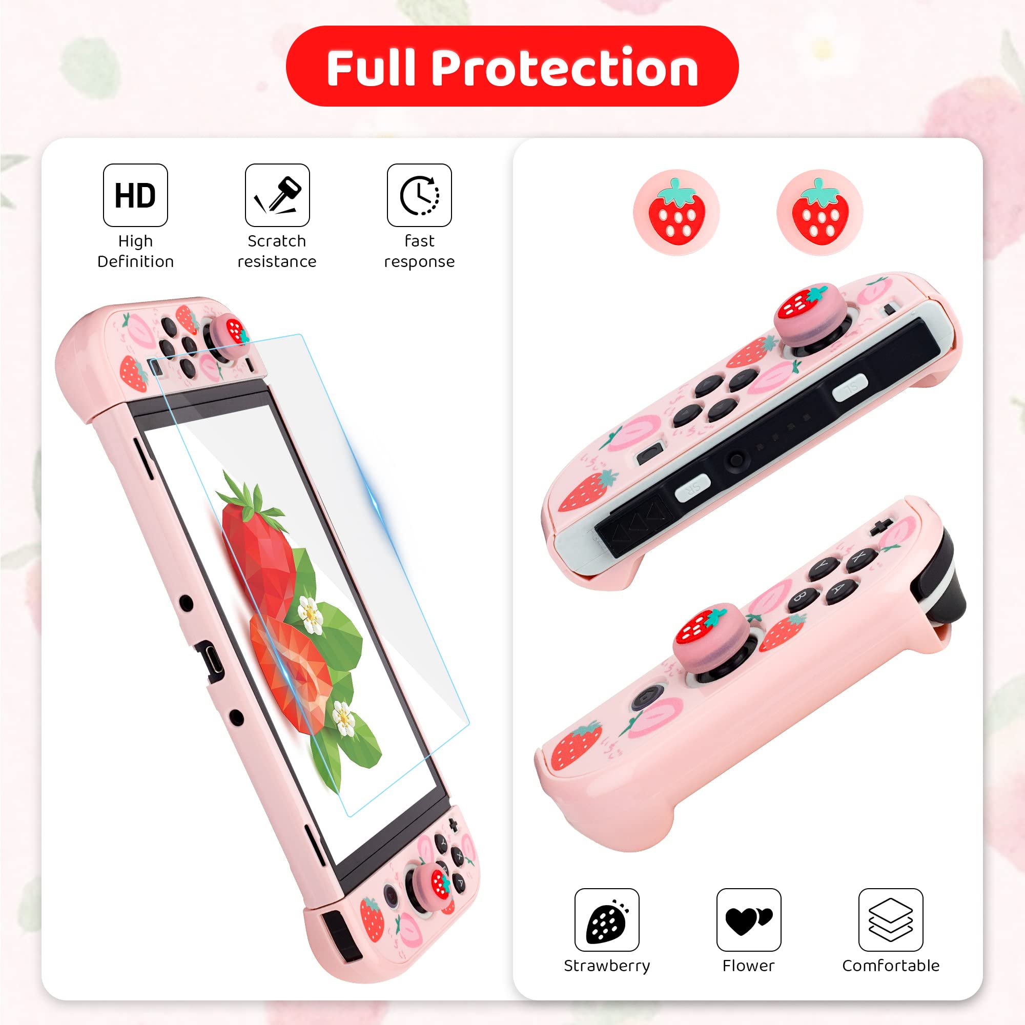 FUNDIARY Pink Nintendo Switch OLED Travel Carrying Case with Strawberry Design - Shockproof Hard Shell, Portable Storage Bag, Shoulder Strap, Screen Protector & 2 Thumb Grips - Perfect for Gaming on the Go, Travel Protection & Console Storage