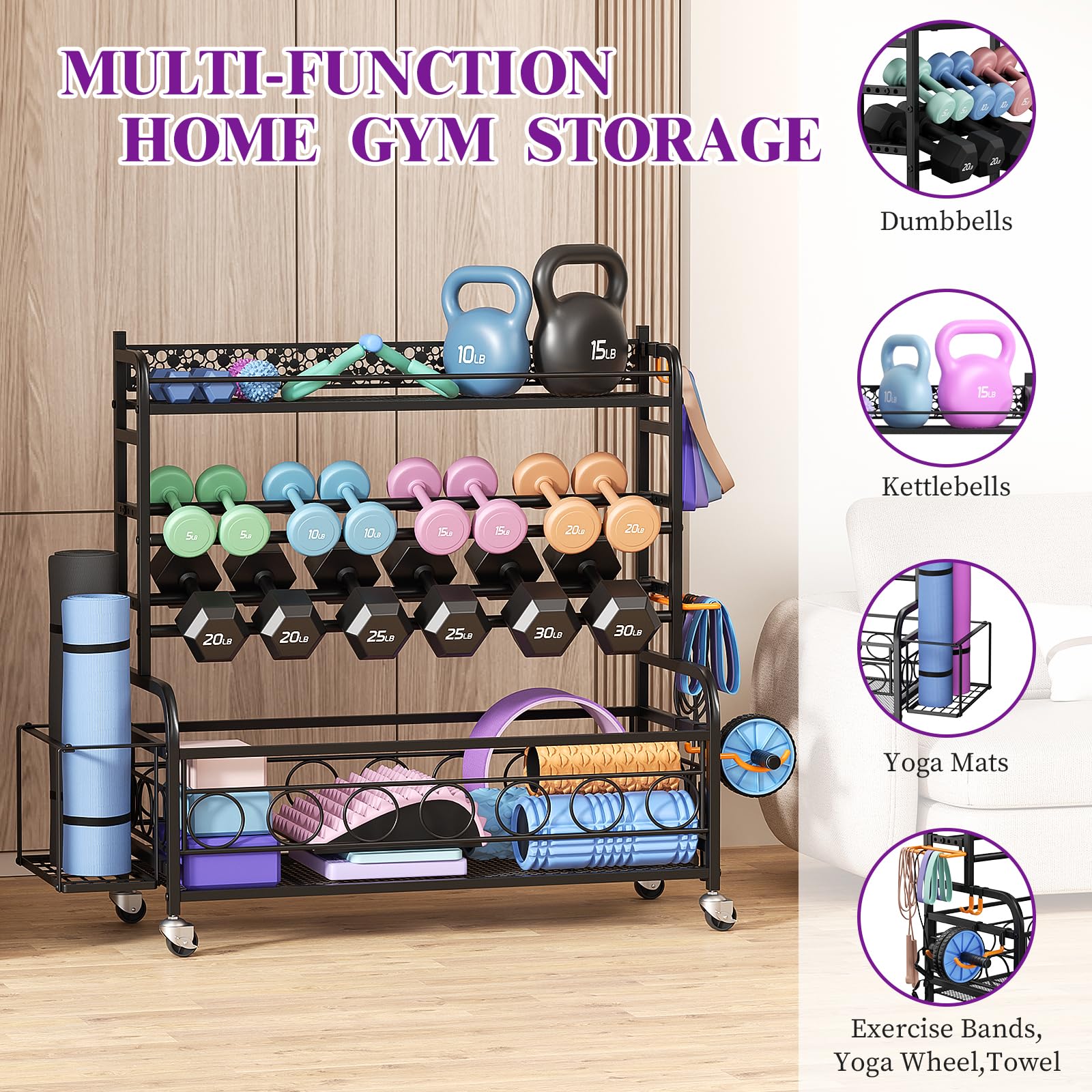VOPEAK Adjustable Dumbbell Rack with Wheels - Heavy Duty Home Gym Storage Organizer for Dumbbells, Kettlebells, Yoga Mats & Strength Training Equipment - Perfect for Garage, Basement & Home Workout Spaces