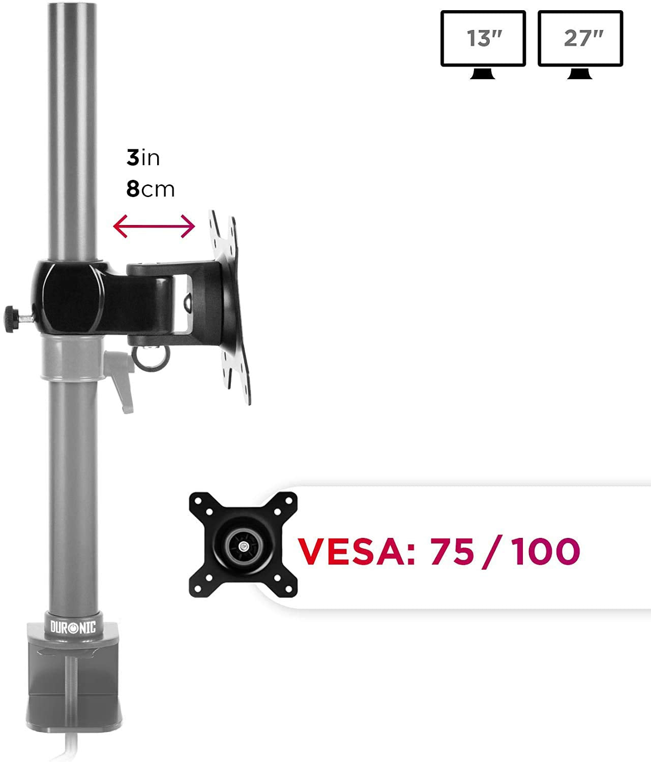 Duronic DM35 VESA Monitor Arm Stand - Universal Mounting Head for Any Duronic Desk Mount Pole Bracket, 360° Rotation & Adjustable Tilt, Compatible with VESA 75/100 (Ideal for Home Office, Gaming Setup & Workspace Ergonomics)