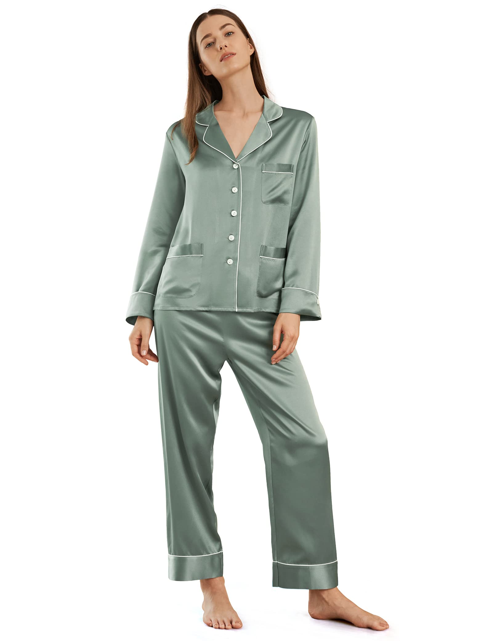 LilySilk Women's Long Silk Pajamas Set - V Neck Notched Collar with White Trim - Soft & Luxurious Sleepwear for Women - Perfect for Nighttime Relaxation, Lounging & Gift Giving