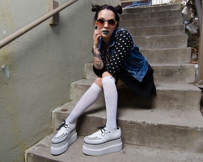 T.U.K White Leather 3x Sole Viva Mondo Creeper Shoes for Women - Chunky Platform Sneakers for Punk, Gothic & Alternative Fashion - Perfect for Concerts, Clubbing & Street Style