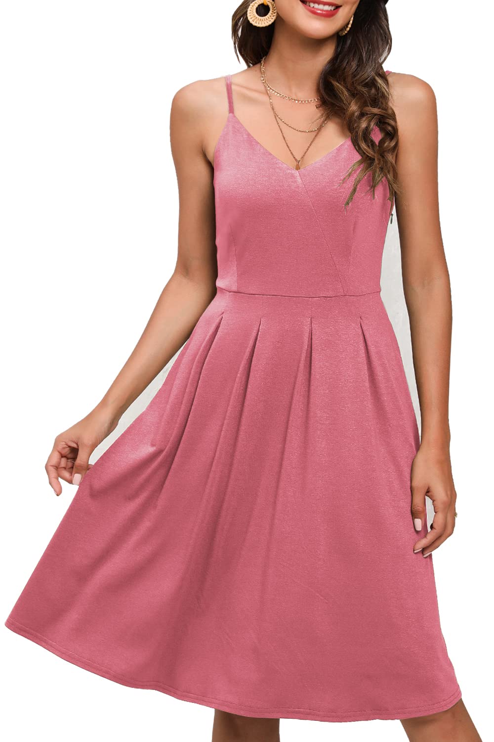 Women's Summer Casual Beach Dress - Sleeveless A-Line Pleated Swing Spaghetti Strap Midi Sundress with Pockets | Perfect for Vacation, Poolside, and Outdoor Parties