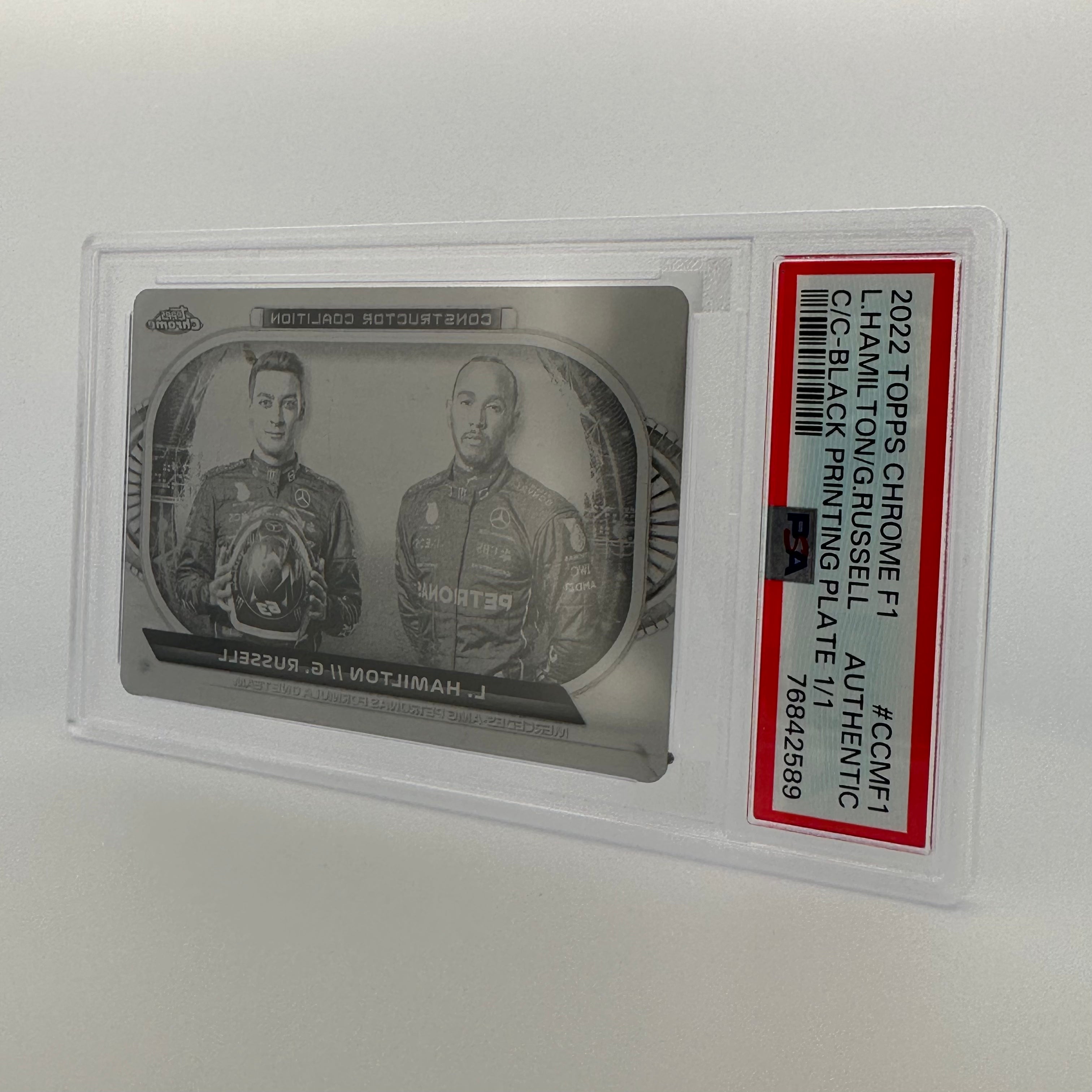 PSA Authentic 1/1 Lewis Hamilton & George Russell Black Printing Plate - Rare F1 Memorabilia for Collectors & Motorsport Fans