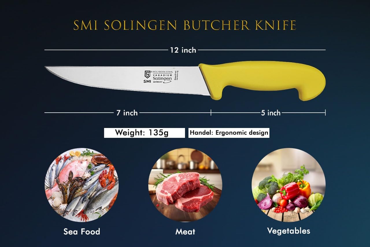 7-Inch Professional Solingen Butcher Knife - German-Made Chef Knife for Meat Cutting & Processing | Ultra Sharp Kitchen Knife for Chefs & Home Cooking | Perfect for Butchering, Slicing Steak & Food Prep