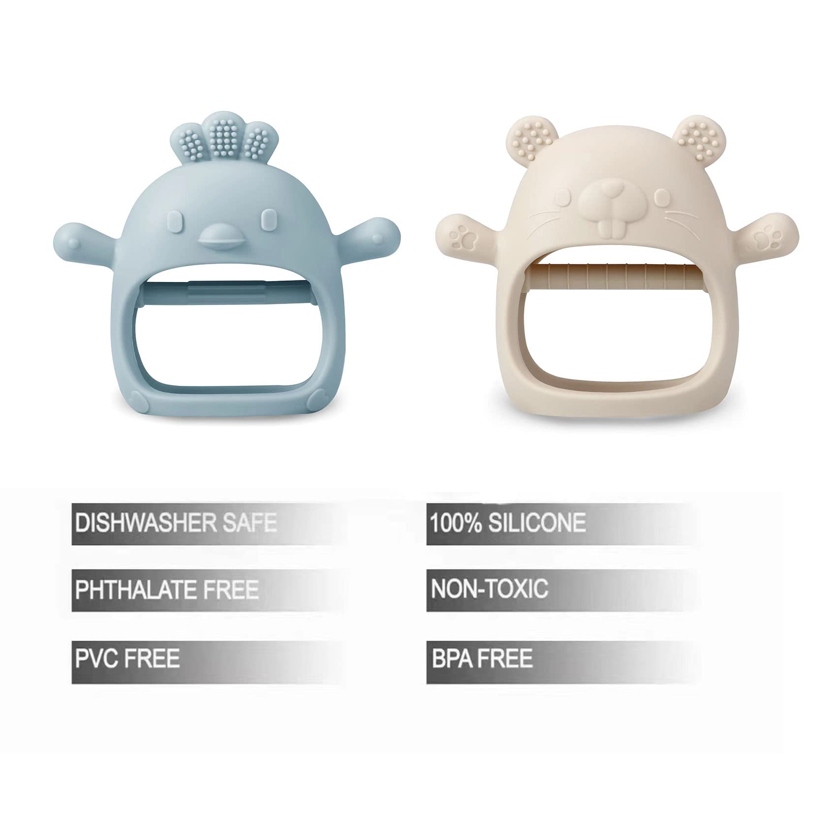 PandaEar 2 Pack Silicone Baby Teething Toys - Soft Chewable Mitten Teethers for Infants & Toddlers | BPA-Free Soothing Hand Pacifier for Teething Pain Relief (White/Blue) | Perfect for On-the-Go, Daycare & Home Use