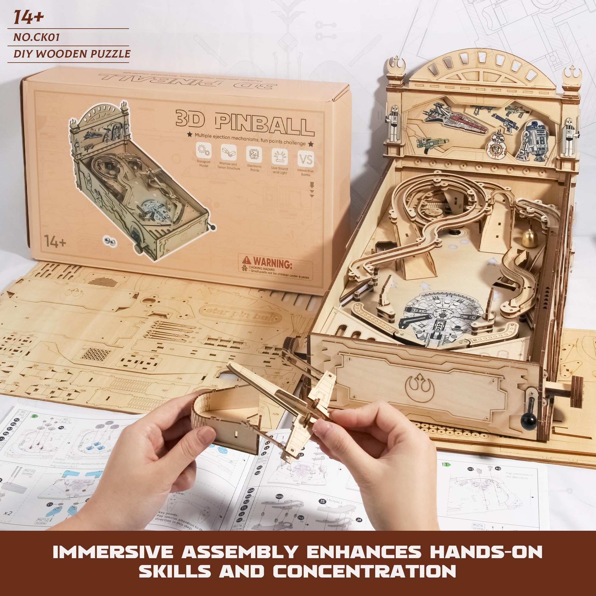 DIY Miniature Pinball Machine Kit - 3D Wooden Puzzle for Adults & Teens 14+ - Creative Wood Model Building Set - Perfect Gift for Gamers & Hobbyists - Fun Home Decor & STEM Learning Activity