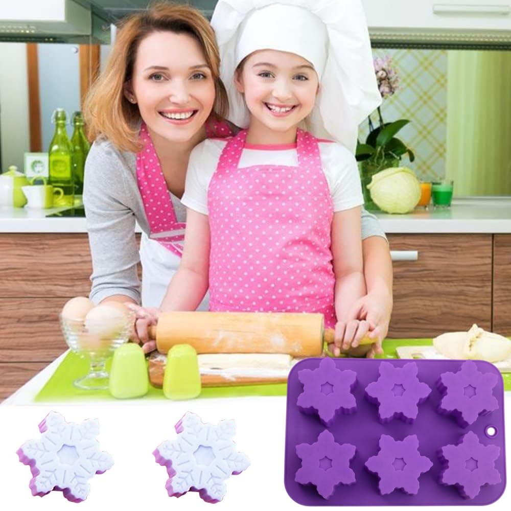 Snowflake Silicone Molds 2-Pack - Premium Baking Molds for Cakes, Cookies, Soap Making, Chocolate, Pudding & Jelly - Non-Stick Flexible Muffin Cups - Blue & Purple Kitchen Decor for Christmas Baking & DIY Crafts