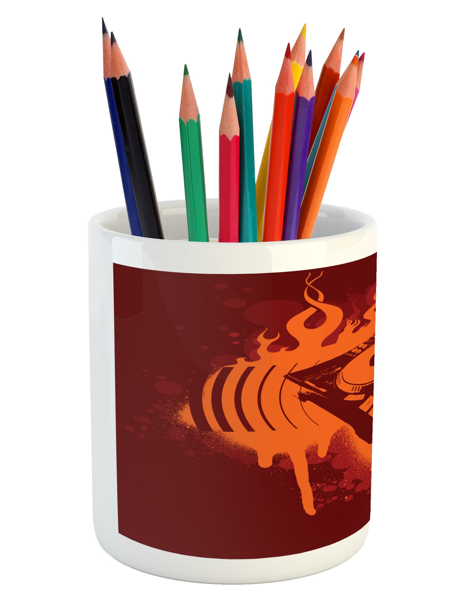 Psychedelic Music Turntable Ceramic Pen Holder - Dark Grunge Graffiti Design Desk Organizer for Office & Home (Burgundy/Orange/Maroon) | Perfect for Artists, DJs & Music Lovers Workspace Decor