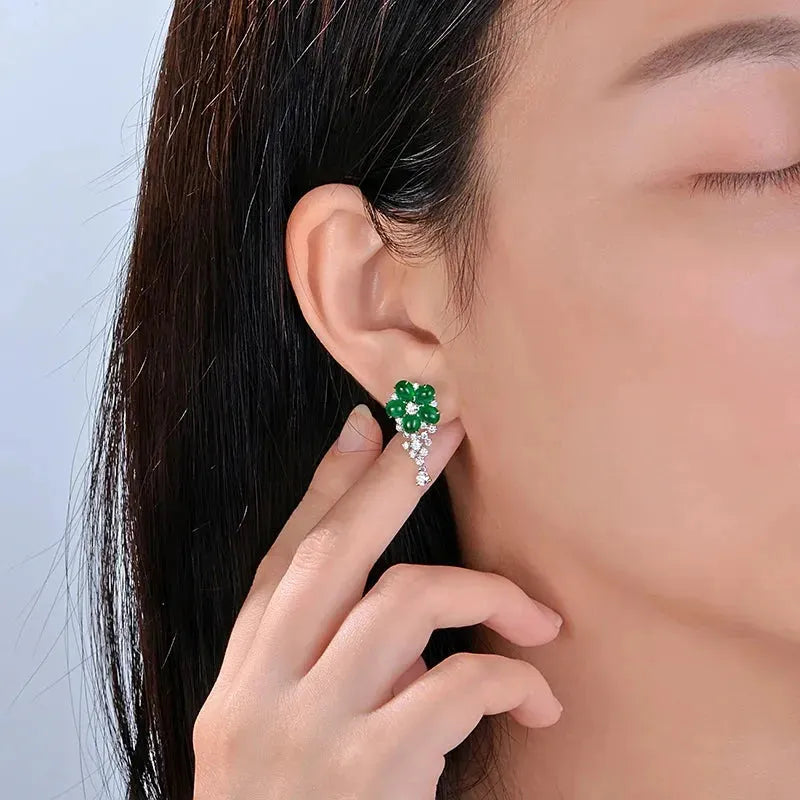 CAIMAO 18K Gold Flower Drop Earrings for Women - 3.91ctw Natural Cabochon Emeralds & 1.0ct Brilliant Cut Diamonds | Elegant Jewelry for Weddings, Parties & Special Occasions