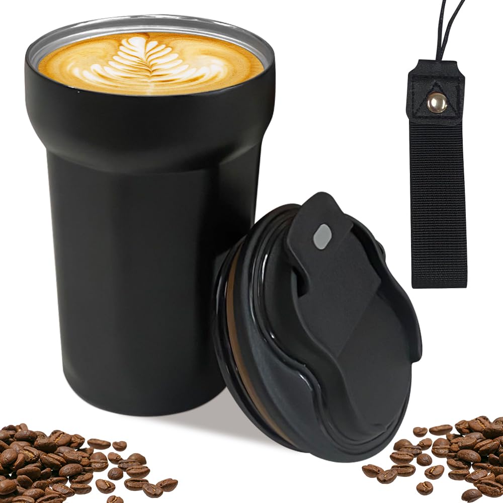**Spill-Proof 15 oz Insulated Coffee Travel Mug with Lid - Leak-Proof Reusable Thermos for Hot & Cold Drinks - Perfect for Commuting, Office, Hiking & Travel - Black**