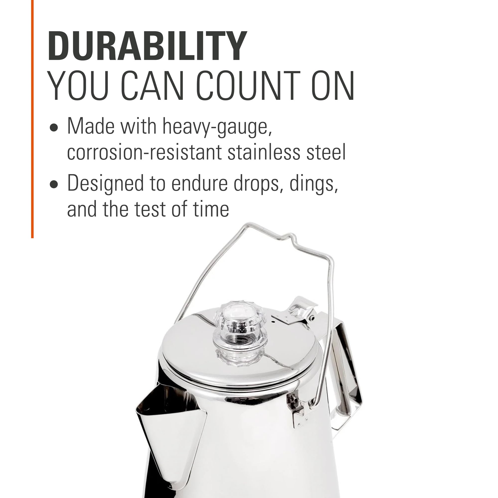 GSI Outdoors Percolator Coffee Pot - Glacier Stainless Steel, Ultra-Rugged Stovetop & Campfire Coffee Maker (28 Cup) | Perfect for Group Camping, Hiking Trips & Outdoor Adventures