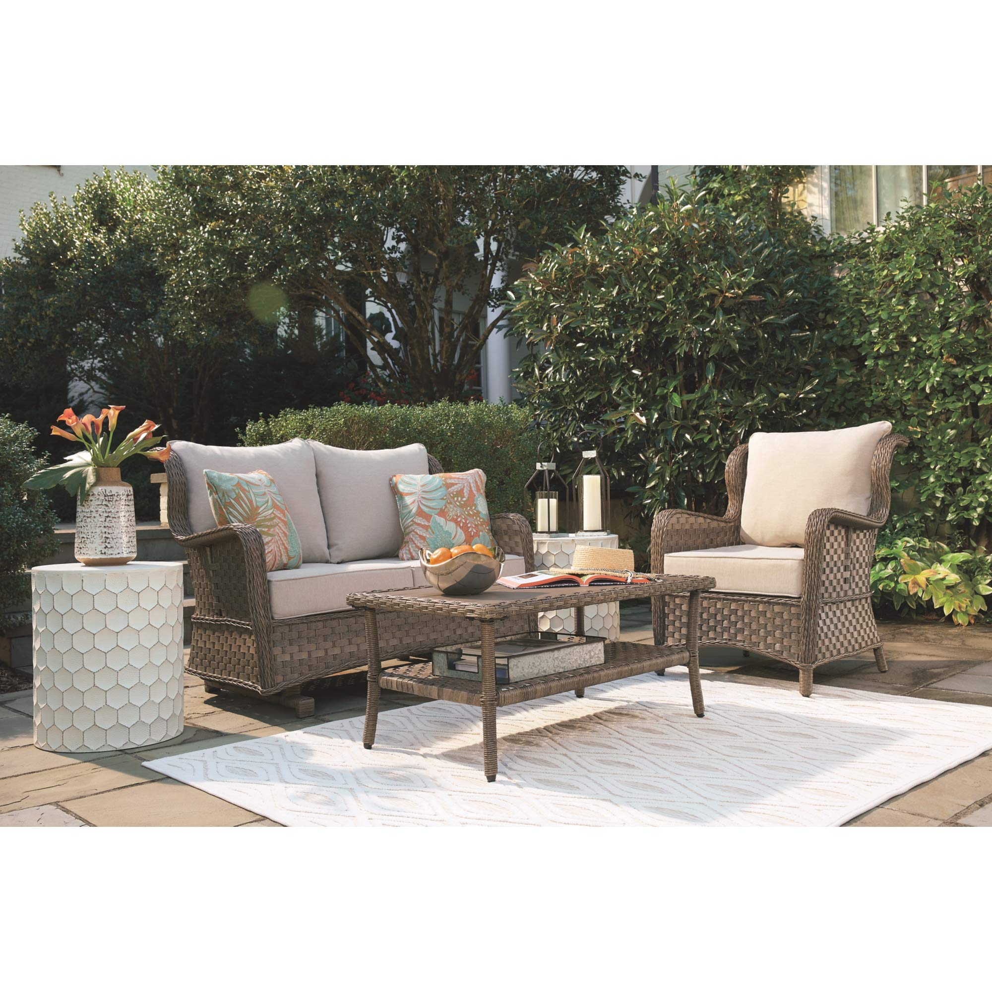 Signature Design by Ashley Clear Ridge Outdoor Handwoven Wicker Loveseat Glider with Cushions & 2 Throw Pillows, Light Brown - Perfect for Patio, Garden, or Poolside Relaxation