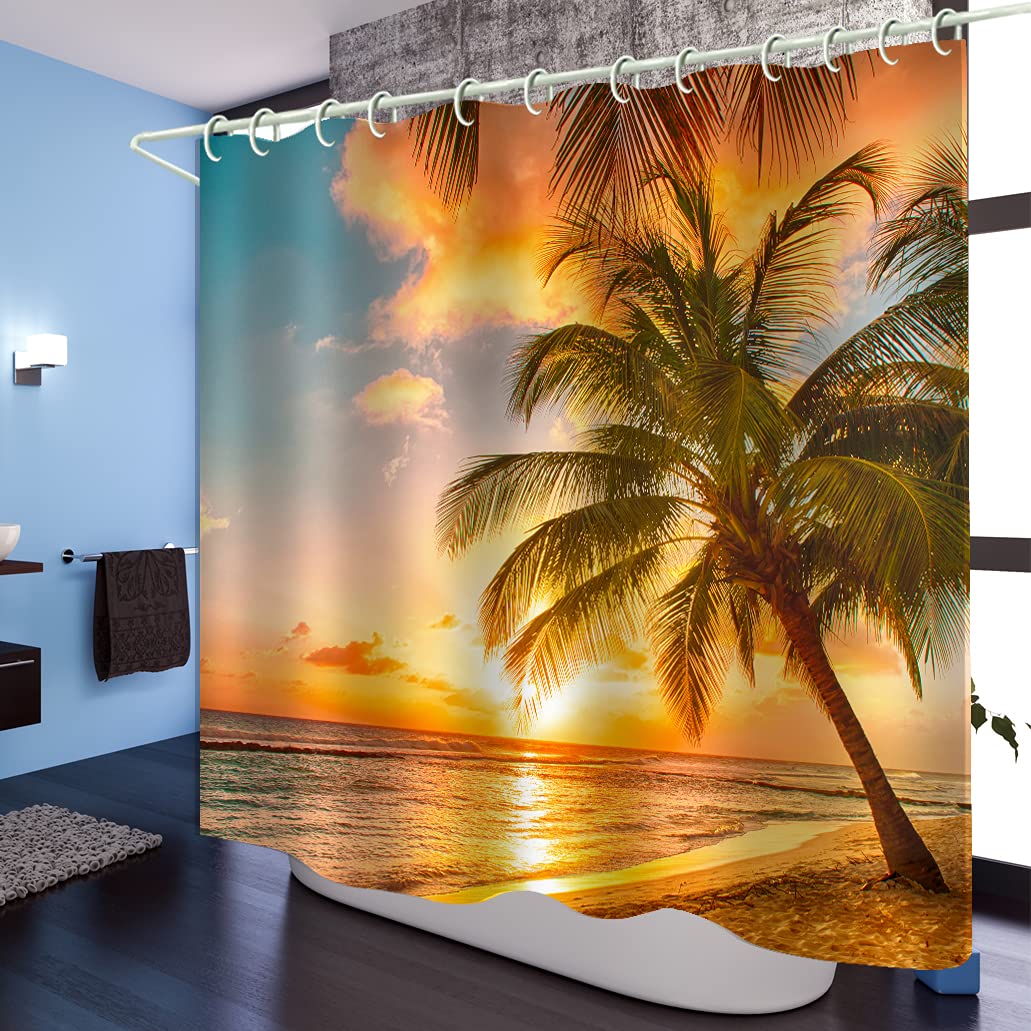 Waterproof Shower Curtain Set with Natural Beach Coconut Tree Print - Polyester Fabric Bathroom Curtain with Hooks & Liners - Coastal Decor for Bathroom, Bathtub, and Toilet Accessories - Perfect for Beach-Themed Bathrooms and Spa-Like Showower Experience