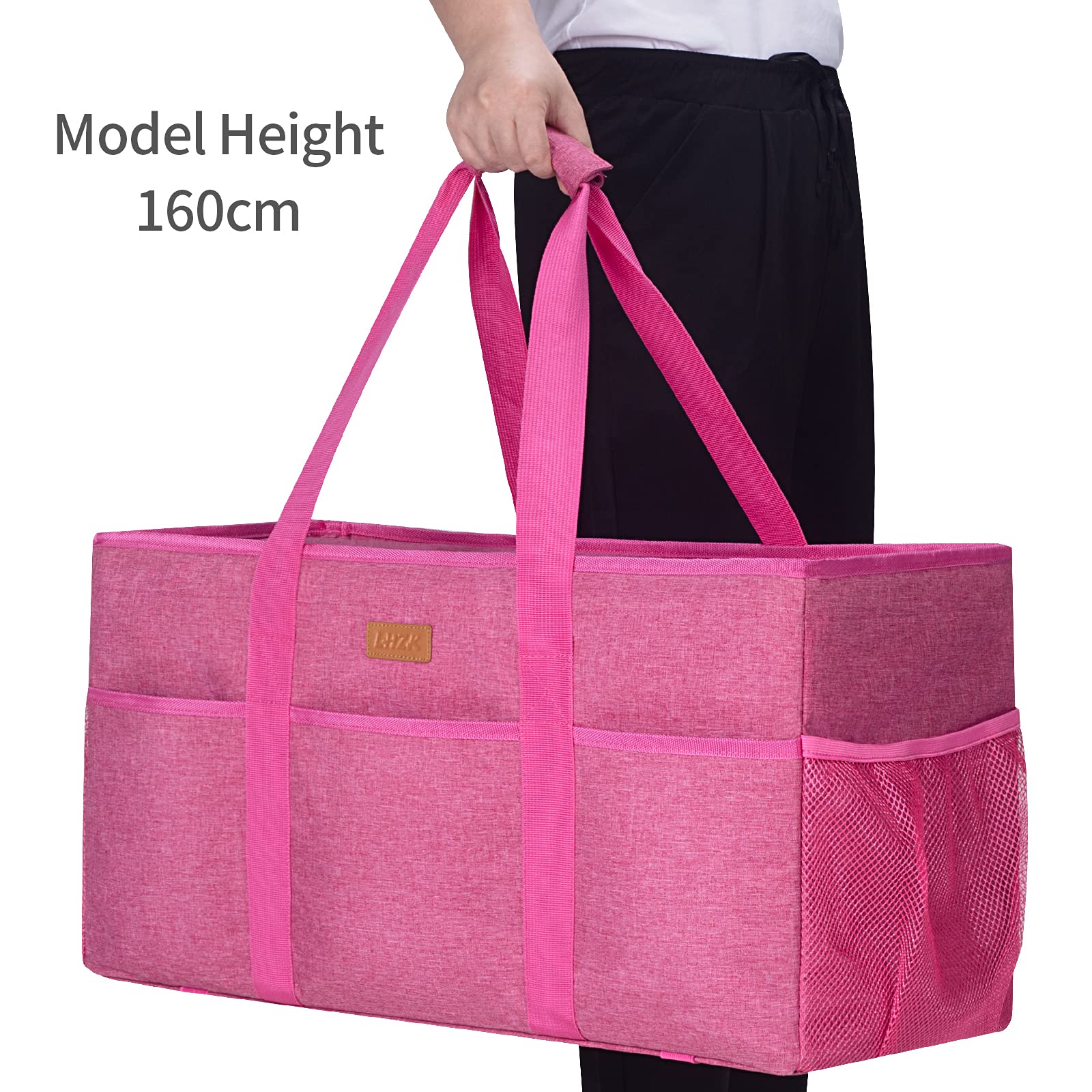 LHZK Extra Large Stand Up Utility Tote Bag with Lid - Reinforced Metal Wire Frame & Sides - Perfect for Grocery Shopping, Beach Trips, and Storage Organization