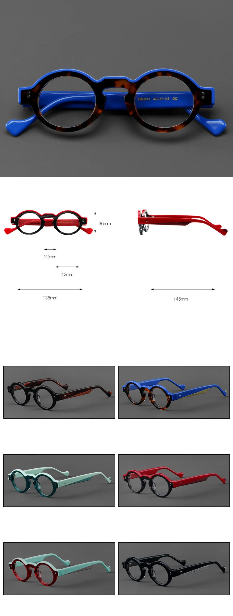 CCspace Women's Full Rim Round Acetate Eyeglasses Frame 57398 - Lightweight & Stylish Retro Glasses for Women, Perfect for Reading, Working & Fashion Accessories