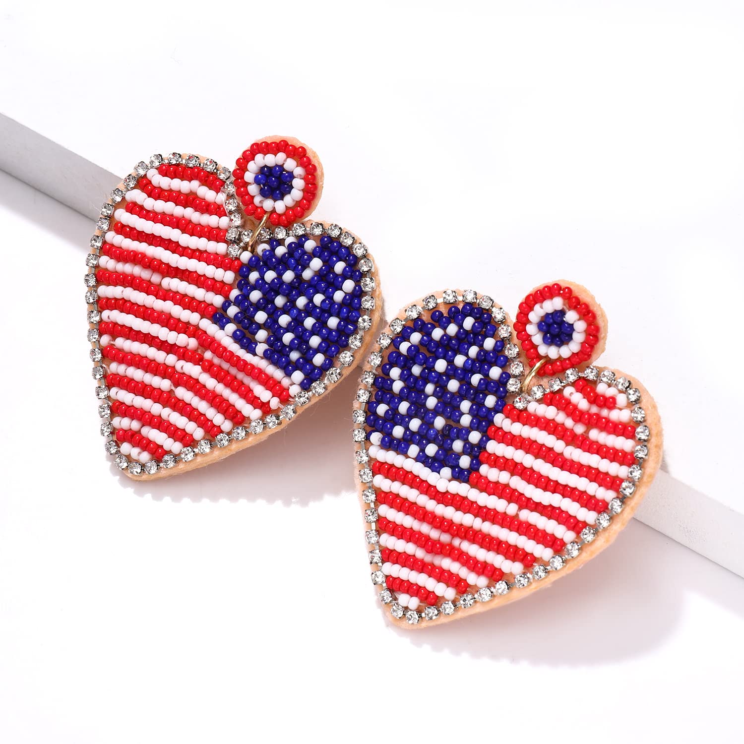 Patriotic Beaded Heart Star Flag Dangle Earrings for Women - Handmade American Flag Jewelry - Perfect for Independence Day, 4th of July, Memorial Day & Veterans Day Gifts - Great for Parties, Festivals & Patriotic Events