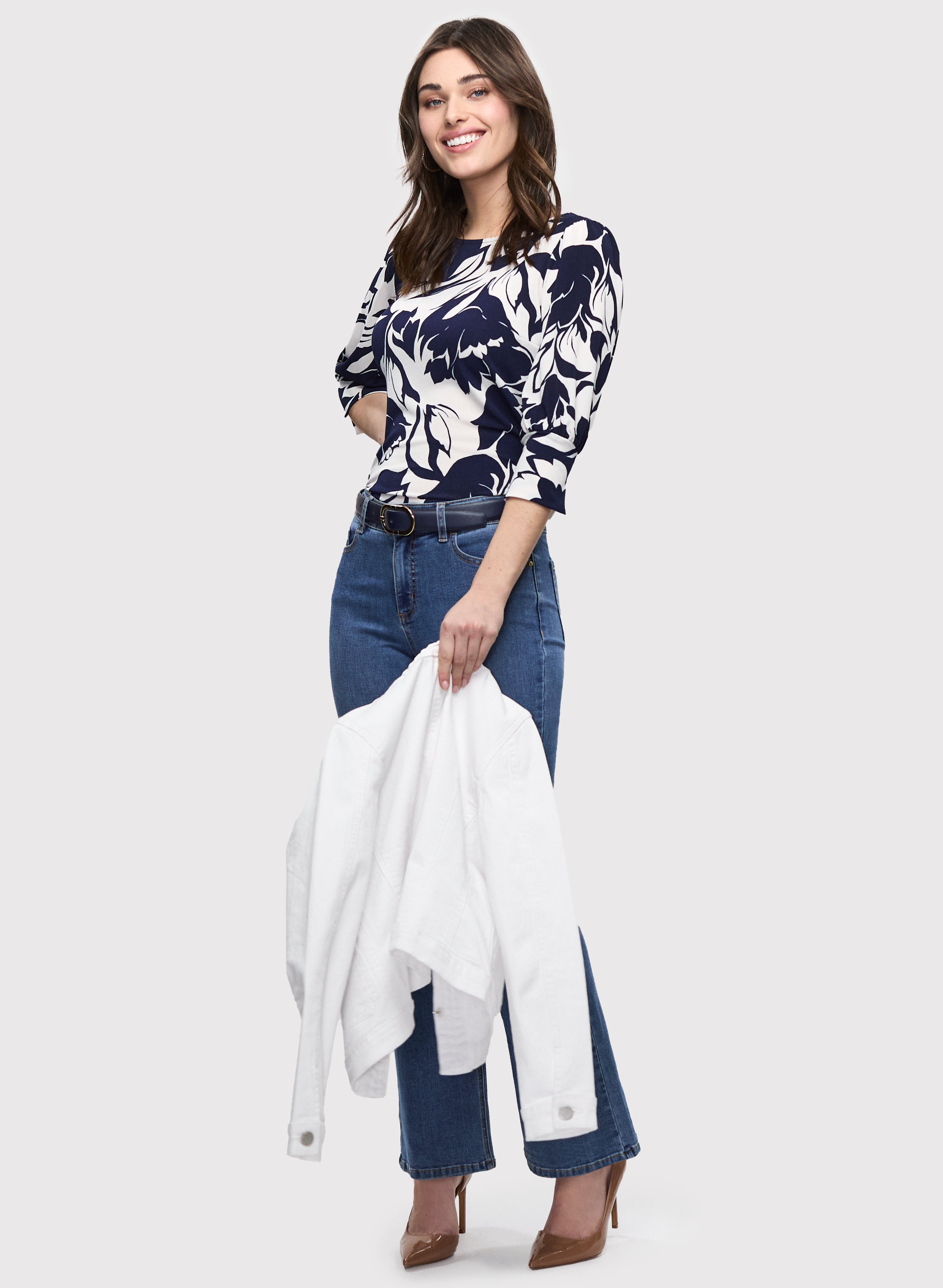 Floral Print 3/4 Sleeve Blouse & Bootcut Denim Jeans Set for Women | Spring Summer Outfit | Perfect for Casual Wear, Office & Date Night