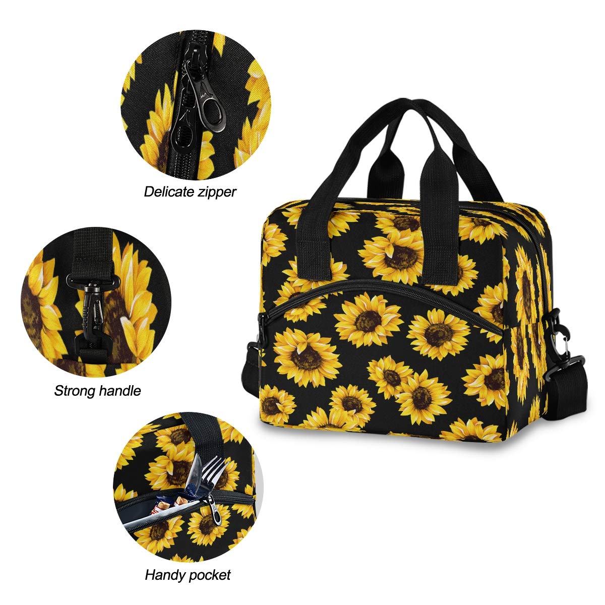 SUABO Insulated Lunch Cooler Bag for Women & Men - Sunflower Pattern Tote Lunch Bag - Perfect for Work, School, Picnics & Outdoor Activities