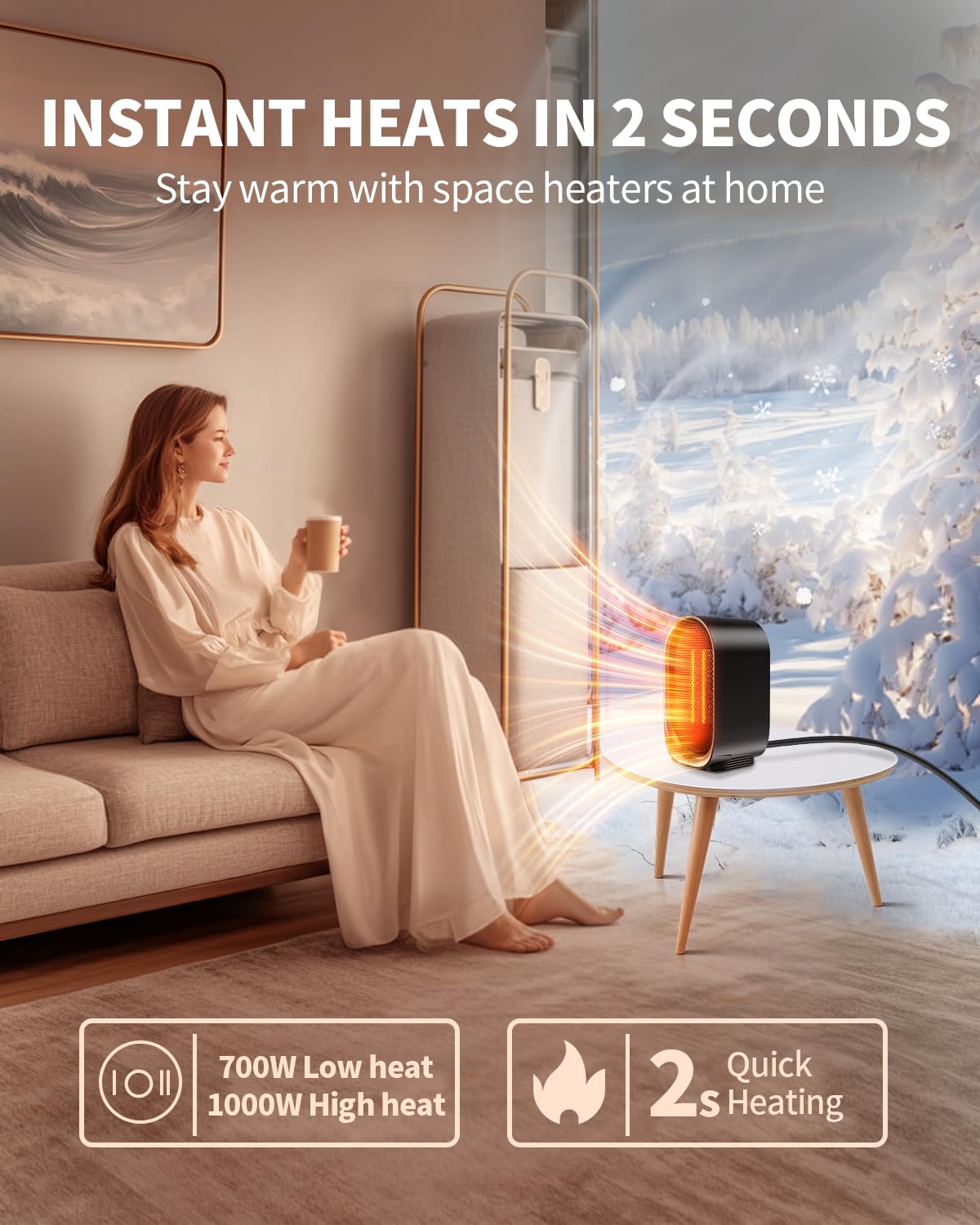 Portable Space Heater with Fast 2S Heating - PTC Ceramic Electric Heater with Tip-Over & Overheat Protection | Compact Desk Heater for Office, Bedroom & Indoor Use (Black) | Perfect for Winter Warmth & Energy-Efficient Home Heating