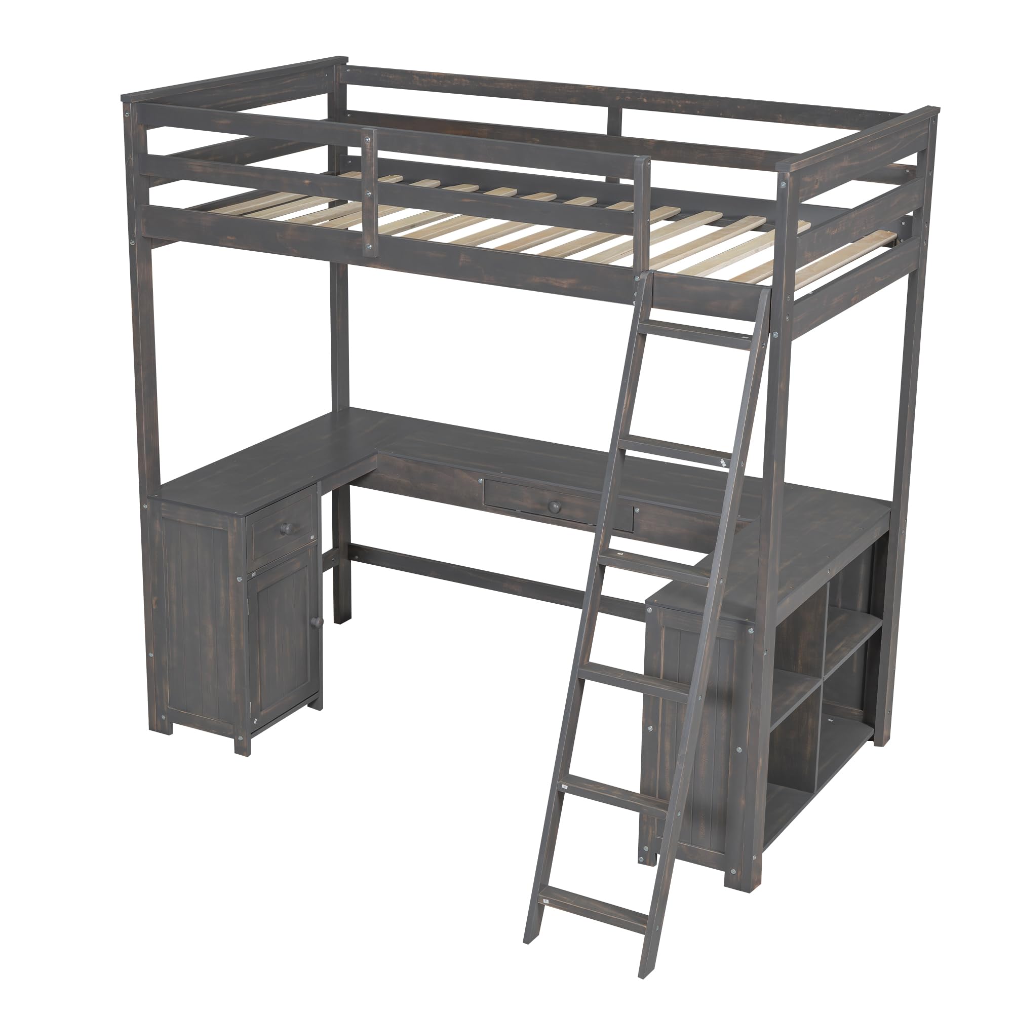 Harper & Bright Designs Twin Size Loft Bed with U-Shaped Desk & Storage - Wooden High Loft Bed Frame with Cabinet, Drawers & Shelves in Antique Brown - Perfect for Small Bedrooms, Kids Rooms & Dorm Rooms