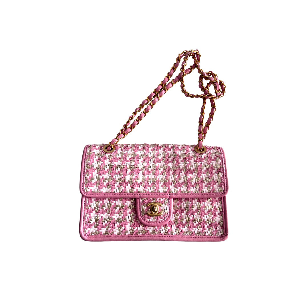 Chanel Tweed & Leather Houndstooth Weave Flap Bag - Luxury Designer Handbag for Women, Perfect for Parties, Dating & Special Occasions