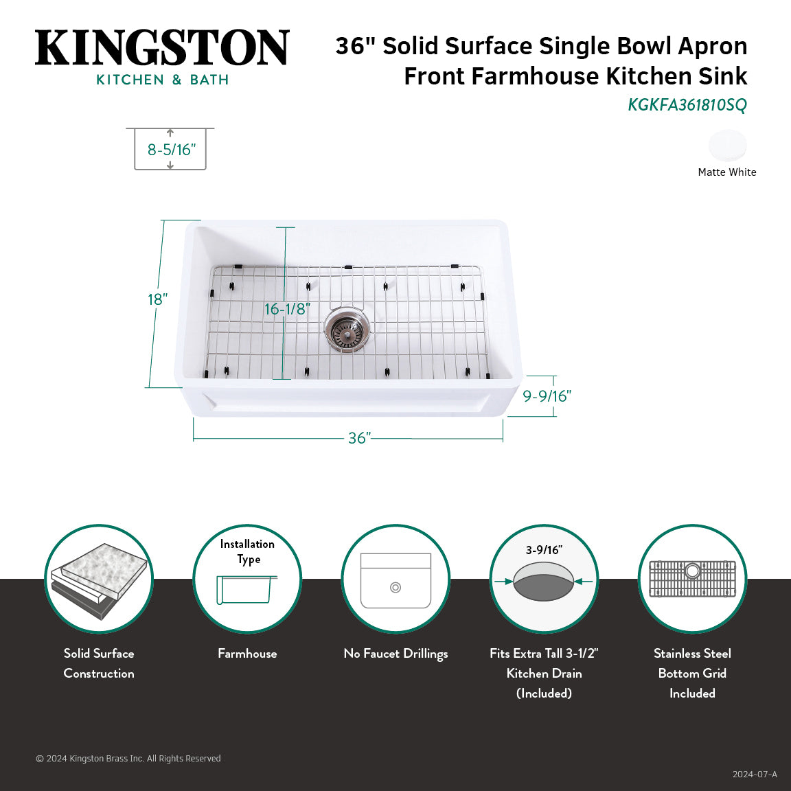 Arcticstone 36 Inch White Farmhouse Kitchen Sink - Matte White Solid Surface Apron Front Single Bowl with Strainer & Grid - Perfect for Modern Farmhouse, Rustic & Country Style Kitchens