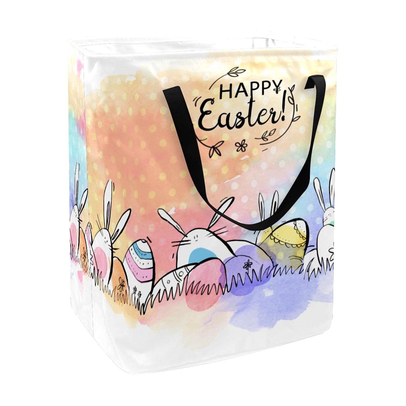 Foldable 60L Watercolor Easter Rabbit Laundry Hamper Basket with Handles & Brackets - Portable Storage for Bedroom, Dorm, Kids Room & Toy Organization