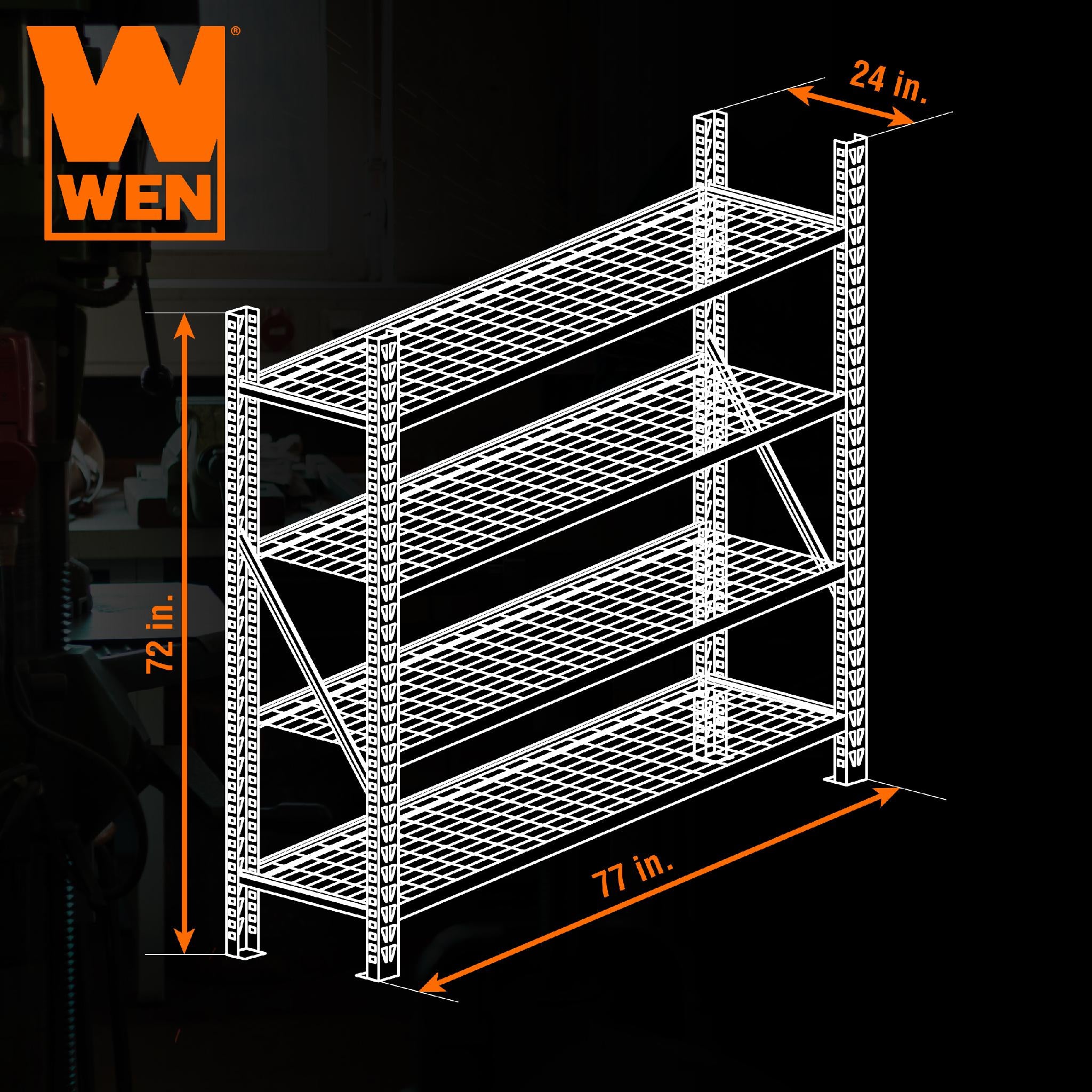 WEN RK7724 4-Tier Heavy Duty Steel Storage Rack - Adjustable Shelves, 8000 lb Capacity - Perfect for Warehouse, Garage & Industrial Organization