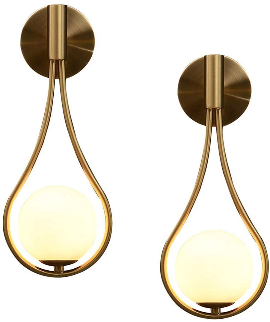 2 Pack Gold Glass Globe Wall Sconces - Mid-Century Modern Water Drop Wall Lights for Bedroom, Living Room & Hallway - Elegant Home Decor Lighting Fixtures