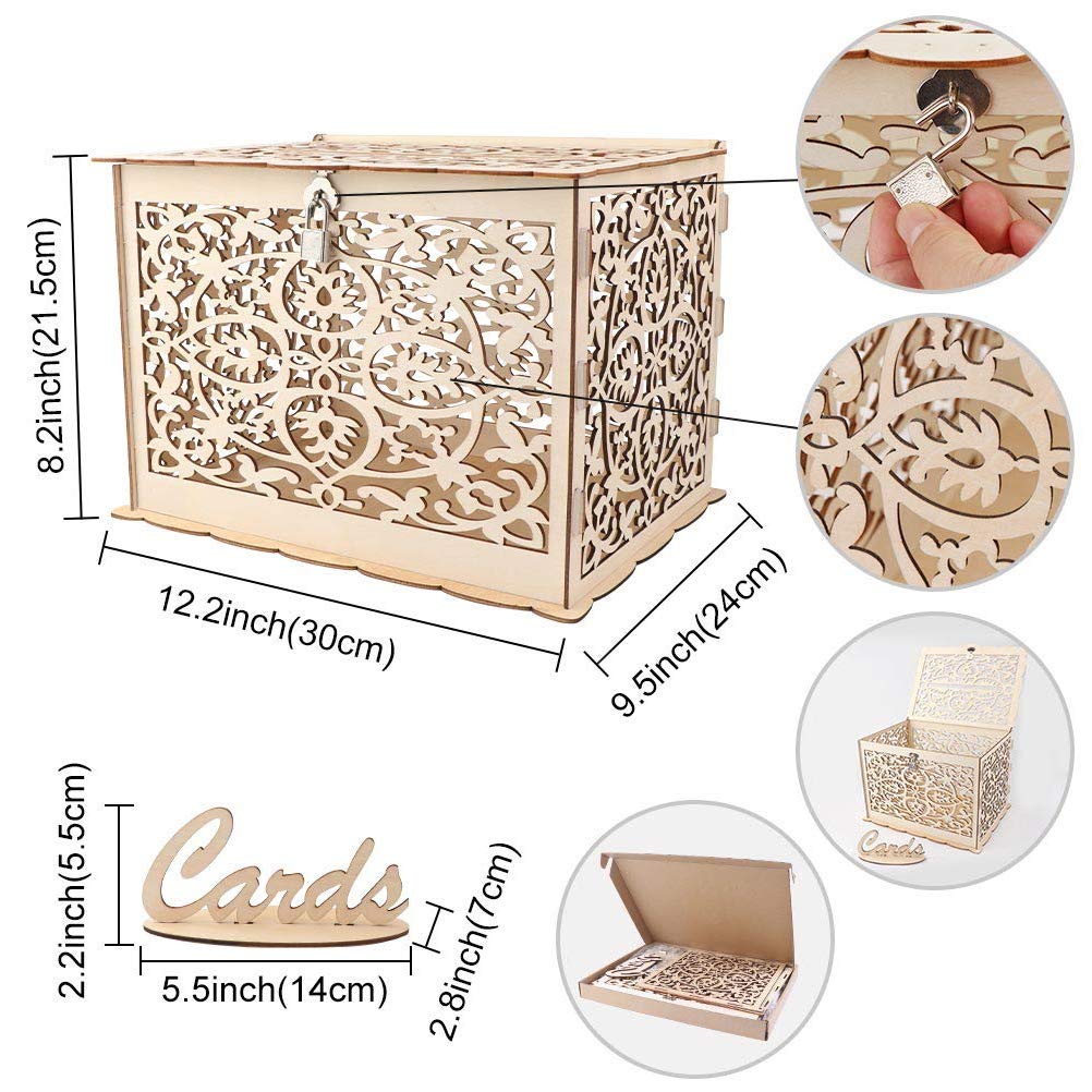 DIY Wedding Card Box with Lock - Rustic Wooden Gift Card Holder for Weddings, Baby Showers, Birthdays, Anniversaries & Graduations | Holds 225 Cards | Perfect for Reception Tables, Gift Display & Special Events